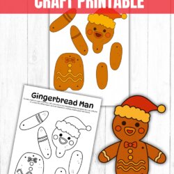 A printable gingerbread man craft with color and black-and-white versions, featuring pieces to cut out and assemble with split pins. The gingerbread man wears a Santa hat and is decorated with icing.