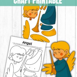 Colorful and black-and-white printable templates for making a split pin angel craft are shown, featuring cut-out pieces to assemble an illustrated angel holding a trumpet.