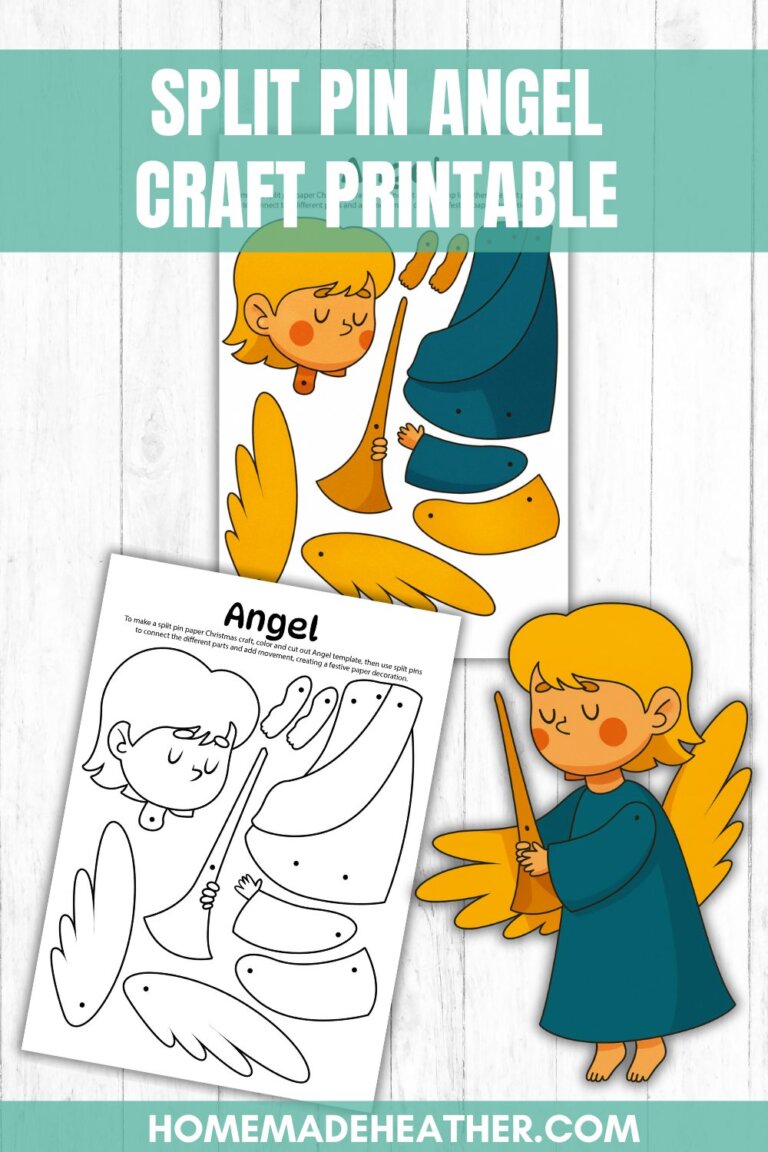 Colorful and black-and-white printable templates for making a split pin angel craft are shown, featuring cut-out pieces to assemble an illustrated angel holding a trumpet.