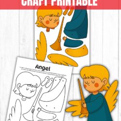 Printable angel craft with a color and black-and-white version, showing cut-out pieces to assemble with split pins. Finished angel illustration is shown holding a trumpet with yellow wings and a teal dress. Text reads โSplit Pin Angel Craft Printable.โ.