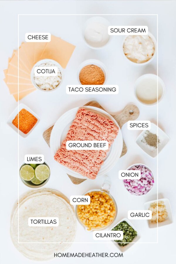 A flat lay of taco ingredients labeled: cheese, cotija, taco seasoning, sour cream, spices, ground beef, onion, garlic, cilantro, corn, limes, and tortillas on a white background.