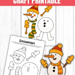 A printable craft sheet for making a split pin snowman, showing cut-out snowman parts and an assembled example, with bold text reading Split Pin Snowman Craft Printable and a website link at the bottom.