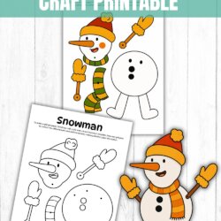 Three pages show a snowman craft printable: one colored example, one black-and-white version for coloring, and one assembled snowman made from the cut-out pieces, all on a wooden background.