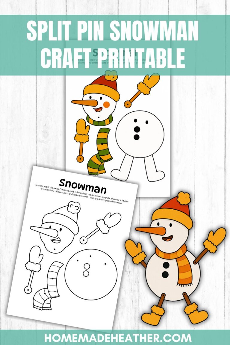 Three pages show a snowman craft printable: one colored example, one black-and-white version for coloring, and one assembled snowman made from the cut-out pieces, all on a wooden background.