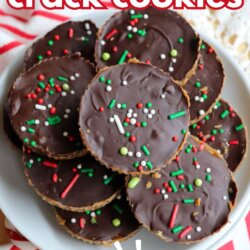 A plate of round chocolate-covered Ritz cookies topped with red, green, and white sprinkles sits on a table. Text on the image reads: ritz christmas crack cookies and SO GOOD.