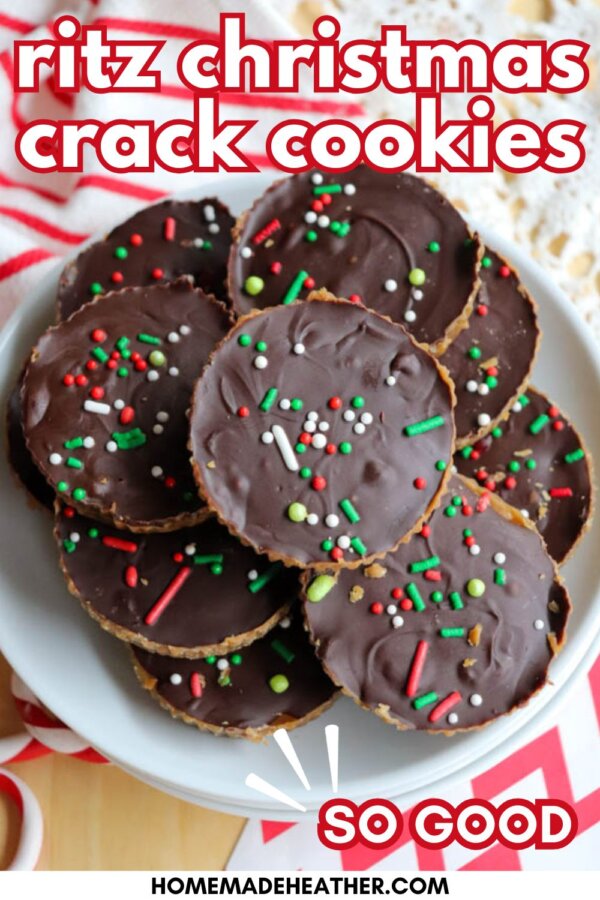 A plate of round chocolate-covered Ritz cookies topped with red, green, and white sprinkles sits on a table. Text on the image reads: ritz christmas crack cookies and SO GOOD.