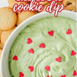 A bowl of green cookie dip topped with red heart sprinkles is surrounded by cookies. The text reads Grinch cookie dip and So fun. The website homemadedheather.com appears at the bottom.