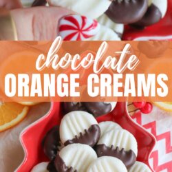 A hand holds a round, white orange cream candy half-dipped in chocolate. More candies are arranged on a red star-shaped plate, surrounded by orange slices and holiday decor. Text reads โChocolate Orange Creams homemadHeather.com.โ.