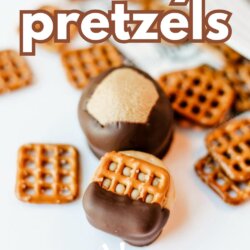 Close-up of chocolate-dipped pretzel squares and a buckeye-style chocolate treat arranged on a white surface, with the text buckeye pretzels and EASY TREAT above the website homemadeheather.com.
