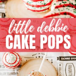 Festive cake pops decorated with red, white, and green sprinkles are displayed on a wooden surface. One cake pop is shown with a bite taken out, revealing a moist, sprinkled interior. Text reads Little Debbie Cake Pops.
