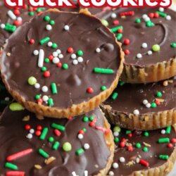 A close-up of chocolate-covered Ritz cracker cookies topped with colorful red, green, and white sprinkles. Bold text reads ritz christmas crack cookies and EASY TREAT with a link to homemadeheather.com.