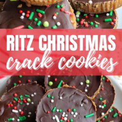 A plate of round Ritz cookies coated in chocolate and topped with red, white, and green sprinkles. Text reads Ritz Christmas crack cookies and homemadeheather.com.