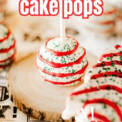 Close-up of a holiday-themed cake pop coated in white frosting with red stripes and green sprinkles. Text reads little debbie cake pops and SO FESTIVE! Website link at the bottom: homemadeheather.com.