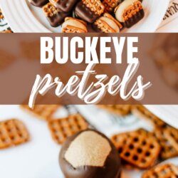 A bowl of buckeye pretzelsโsquare pretzels topped with peanut butter filling and half-dipped in chocolate. Some pretzels are arranged on a surface, with the text Buckeye Pretzels homemadeheather.com.