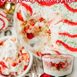 Overhead view of a festive Christmas cake trifle with whipped cream, red drizzle, green sprinkles, and strawberries. A serving is scooped out and placed in a bowl beside a decorated trifle dish. Text reads Little Debbie Christmas cake trifle.
