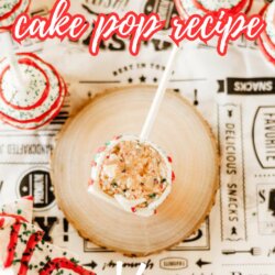 A flat lay of cake pops decorated with red and green sprinkles on a white surface, with text reading “little debbie cake pop recipe” and “so festive!” at the bottom.