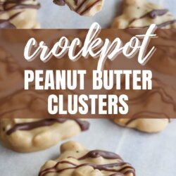 A hand holding a peanut butter cluster drizzled with chocolate. More clusters are on a light surface below. Text over image reads: Crockpot Peanut Butter Clusters. homemadeheather.com.