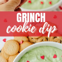 A bowl of green dip topped with red heart sprinkles is surrounded by cookies. A hand dips a cookie into the bowl. Text on the image reads Grinch cookie dip and homemadeheather.com.