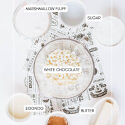 Overhead view of ingredients in bowls: marshmallow fluff, sugar, white chocolate chips, eggnog, butter, and nutmeg arranged on a white surface with labeled text identifying each ingredient.