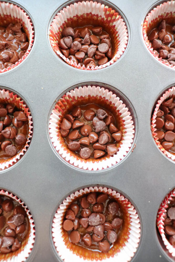 A muffin tin filled with paper liners, each containing a mixture topped with chocolate chips, ready to be baked.