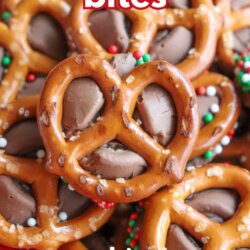 Closeup of pretzels topped with melted Rolo chocolates and colorful sprinkles, with the words rolo pretzel bites at the top and so good at the bottom.