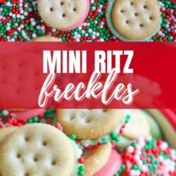 Mini Ritz crackers sandwiched with icing and rolled in red, green, and white sprinkles, displayed in a festive arrangement. Text reads โMini Ritz Frecklesโ and โhomemadeheather.com.โ.
