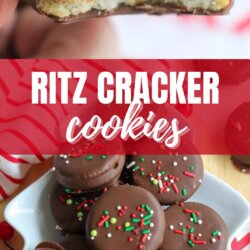 Close-up of chocolate-covered Ritz cracker cookies topped with red, green, and white sprinkles; one cookie is bitten to show peanut butter filling. Plate of decorated cookies is in the background. Text: Ritz Cracker cookies homemadeheather.com.