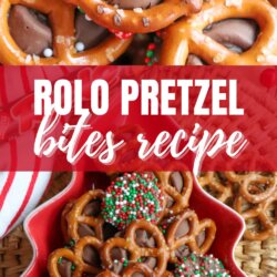 Close-up of pretzels topped with melted chocolate and holiday sprinkles on a star-shaped red plate, with text overlay: Rolo Pretzel Bites Recipe and the website homemadeheather.com.