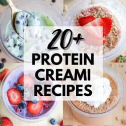 A collage of eight different bowls of protein ice cream topped with various fruits, nuts, and cookies. The text in the center reads โ20+ Protein Creami Recipes.โ Website: homemadeheather.com.