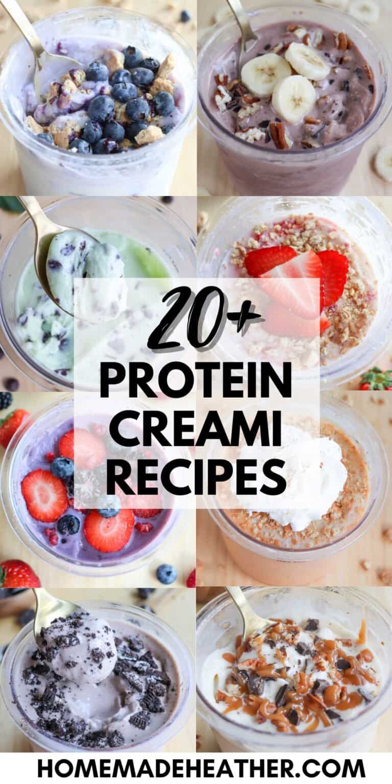 A collage of eight different bowls of protein ice cream topped with various fruits, nuts, and cookies. The text in the center reads “20+ Protein Creami Recipes.” Website: homemadeheather.com.