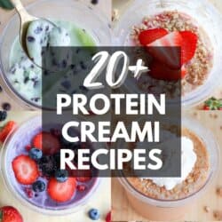 A collage of eight jars of creamy protein desserts with various toppings such as berries, bananas, nuts, cookies, and caramel. Center text reads 20+ Protein Creami Recipes. Website: homemadeheather.com.