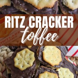 Close-up of chocolate-covered Ritz cracker toffee pieces topped with crackers featuring a snowflake design, arranged on a plate. Text overlay reads Ritz Cracker Toffee and homemadeheather.com.