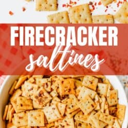A bowl and a cutting board with seasoned saltine crackers scattered on paper, topped with red chili flakes. Overlay text reads: Firecracker Saltines and homemadeheather.com.
