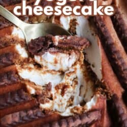 A close-up of a Biscoff yogurt cheesecake in a pan, topped with Biscoff cookies, with a golden spoon scooping out a piece. Text on the image reads: viral biscoff yogurt cheesecake and so good.