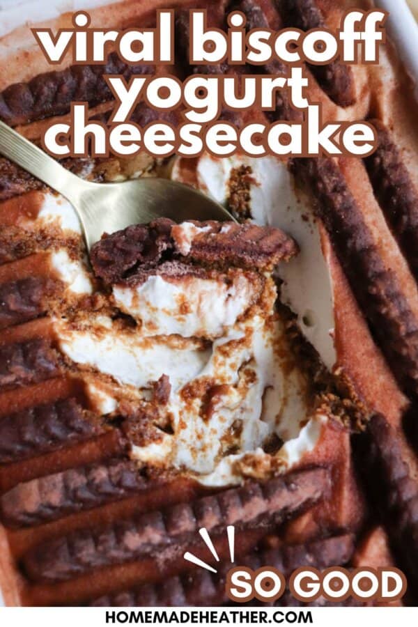 A close-up of a Biscoff yogurt cheesecake in a pan, topped with Biscoff cookies, with a golden spoon scooping out a piece. Text on the image reads: viral biscoff yogurt cheesecake and so good.