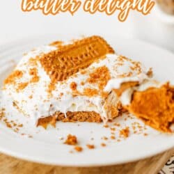 A slice of biscoff cookie butter delight dessert topped with whipped cream and cookie crumbles sits on a white plate. Text above reads Biscoff Cookie Butter Delight and below, So Good! homemadeheather.com.