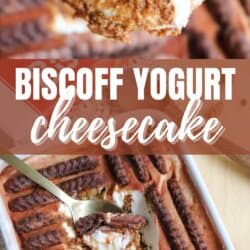A spoonful of Biscoff yogurt cheesecake is held above a rectangular pan filled with the dessert, topped with whole Biscoff cookies arranged in rows. Text reads Biscoff Yogurt Cheesecake.