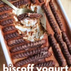 A rectangular pan of biscoff yogurt cheesecake with a spoon scooping from the center, topped with rows of biscoff cookies. Text over the image reads: “2-ingredient biscoff yogurt cheesecake.”.