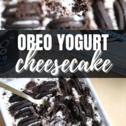 A closeup of Oreo yogurt cheesecake topped with crushed Oreo cookies in a dish. A fork holds a bite of the dessert. The text reads “Oreo Yogurt Cheesecake” and “homemadeheather.com” at the bottom.