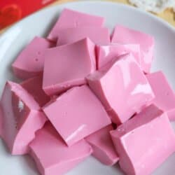 A white plate filled with pink, glossy, square pieces of jello protein bites. The image promotes 2-Ingredient Jello Protein Bites with bright text and a website link at the bottom: homemadeheather.com.