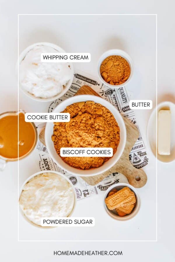 Top-down view of labeled ingredients for a Biscoff cookie butter delight: whipping cream, butter, Biscoff cookies, cookie butter, and powdered sugar in bowls, all neatly arranged on a white surface.