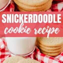 A stack of snickerdoodle cookies and a glass of milk sit on a red and white checkered cloth, with text reading “Snickerdoodle cookie recipe” and “homemadeheather.com.”.
