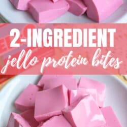 A plate filled with shiny, pink square bites labeled 2-Ingredient jello protein bites. The bites are stacked on a white plate, and the website homemadeheather.com is written at the bottom.