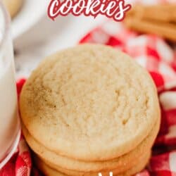 A close-up of stacked snickerdoodle cookies on a red and white plaid cloth, next to a glass of milk. Text on the image reads Snickerdoodle cookies and So good!, with a website link at the bottom.