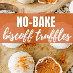 Close-up of white chocolate-coated truffles with a creamy Biscoff cookie butter delight filling, some whole and some cut in half, topped with Biscoff cookie crumbs on a wooden board. Text reads: No-bake Biscoff truffles, homemadeheather.com.
