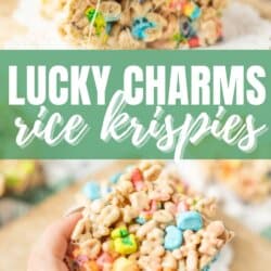 A hand holds a square of Lucky Charms rice krispies treat, with three more stacked treats in the background. Text reads: Lucky Charms rice krispies and homemadeheather.com.