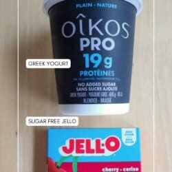 A container of Oikos Pro plain Greek yogurt and a box of Jell-O sugar free cherry gelatin are placed side by side on a light wooden surface. Labels identify each item.