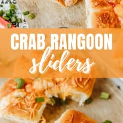 Crab Rangoon sliders topped with melted cheese and chopped green onions on a wooden board, displayed in a collage with the recipe title and website homemadeheather.com in bright orange text.