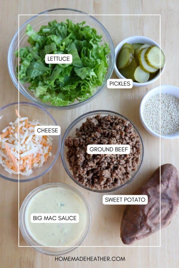 Six labeled ingredients are arranged on a table: a bowl of chopped lettuce, a bowl of sliced pickles, shredded cheese, cooked ground beef, a whole sweet potato, a bowl of Big Mac sauce, and a small bowl of sesame seeds.