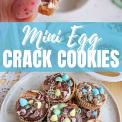 A collage shows chocolate cookies topped with mini candy eggs, one with a bite taken out, and a plate filled with the cookies. Text reads: “Mini Egg Crack Cookies” and “homemadeheather.com.”.